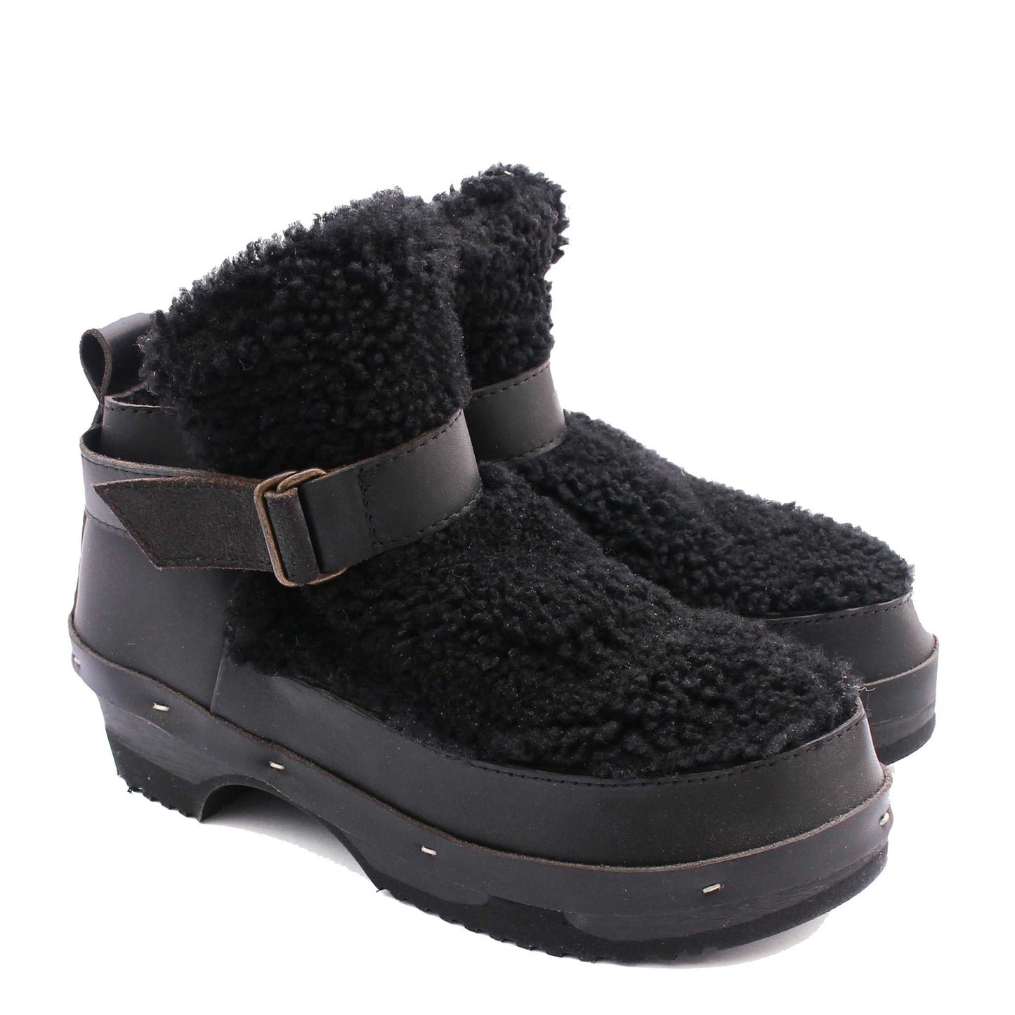 ZORA + Leather Shearling Dark Clog Boots + All Black