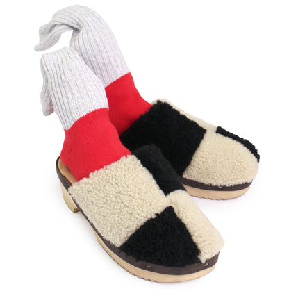 PANTO CURLY PATCHWORK + Shearling Clogs + Natural Black