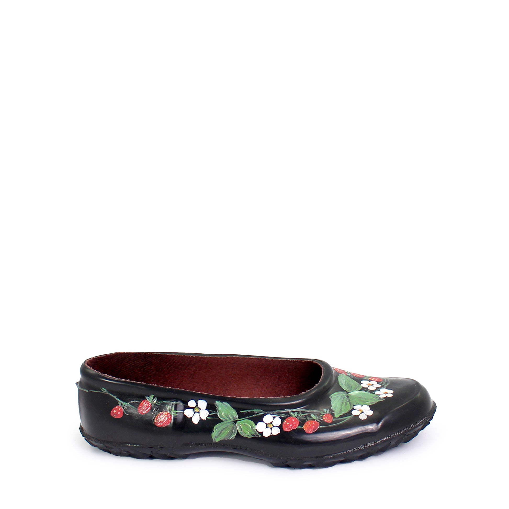 rosamosa black rubber handpainted strawberry slippers