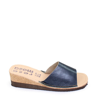 rosamosa blue metallic leather slipper cork heel