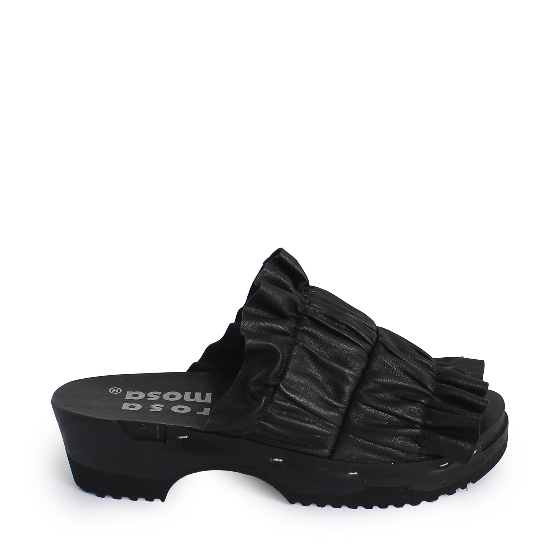 rosamosa chloe black leather wrinkle dark wooden clog