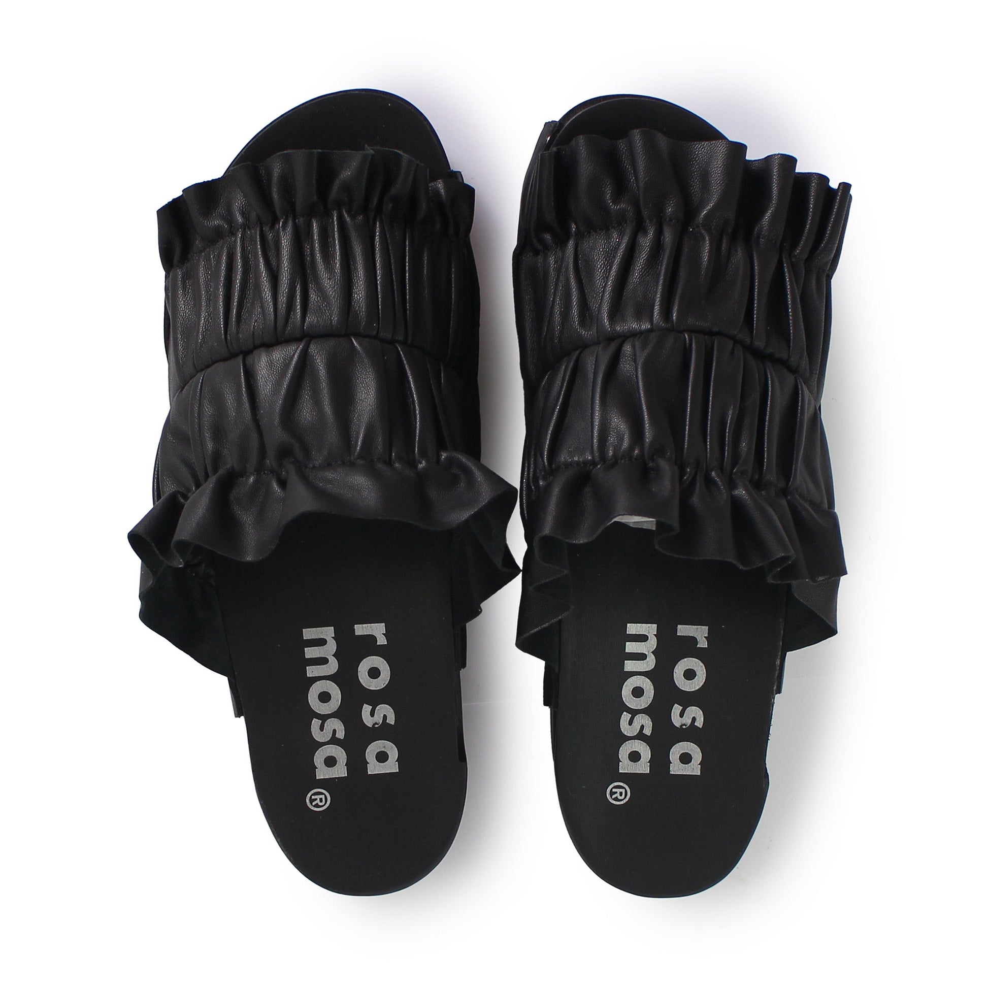 rosamosa chloe black leather wrinkle dark wooden clog