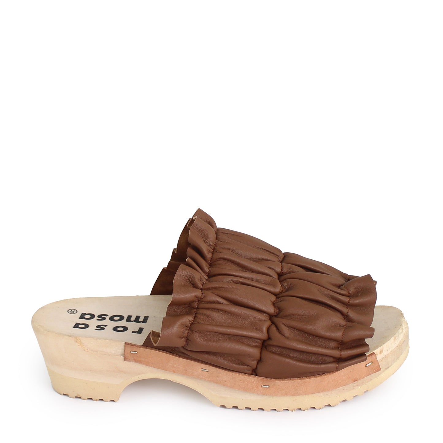rosamosa chloe brown leather wrinkle wooden clog