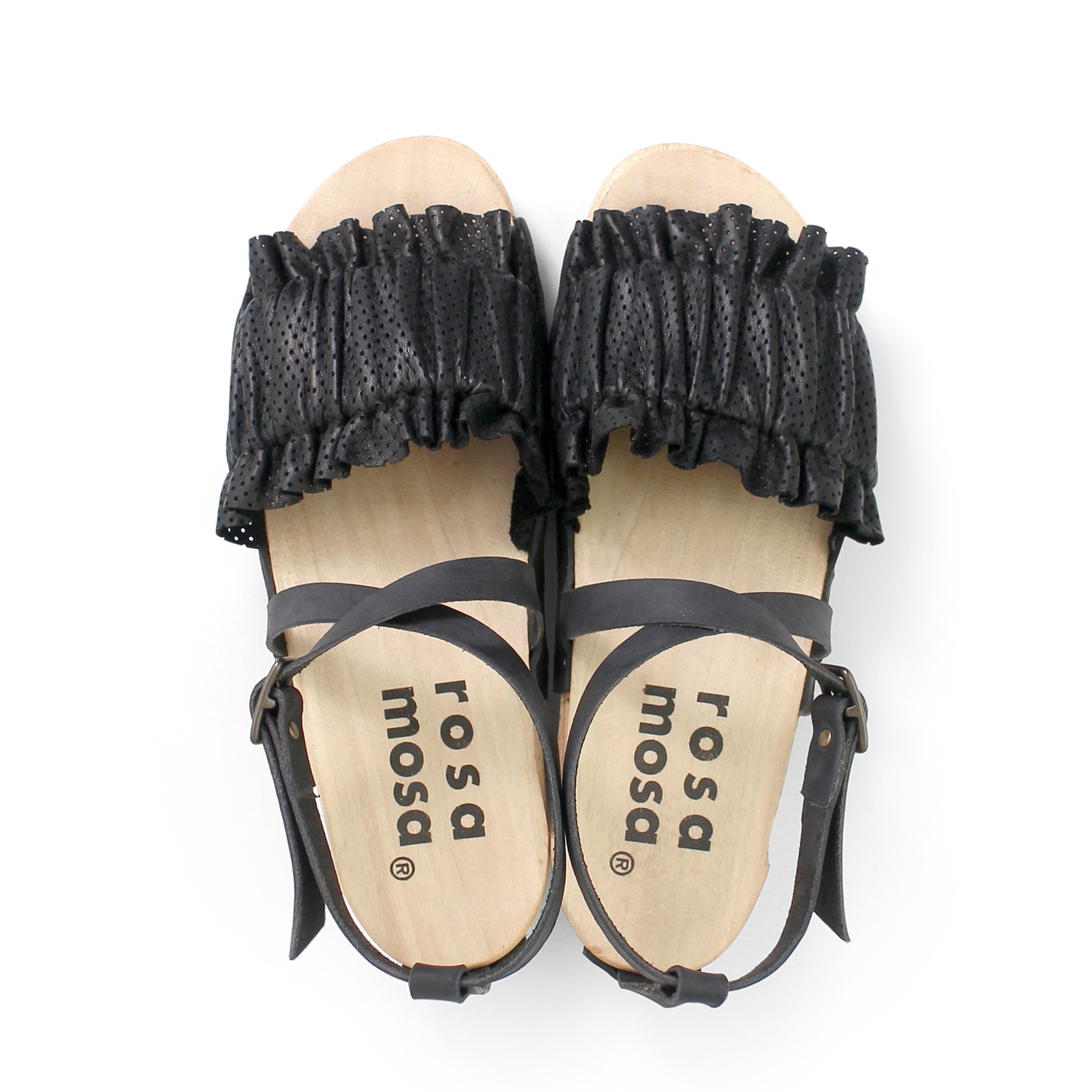 rosamosa chloe strap black leather wooden clog sandal