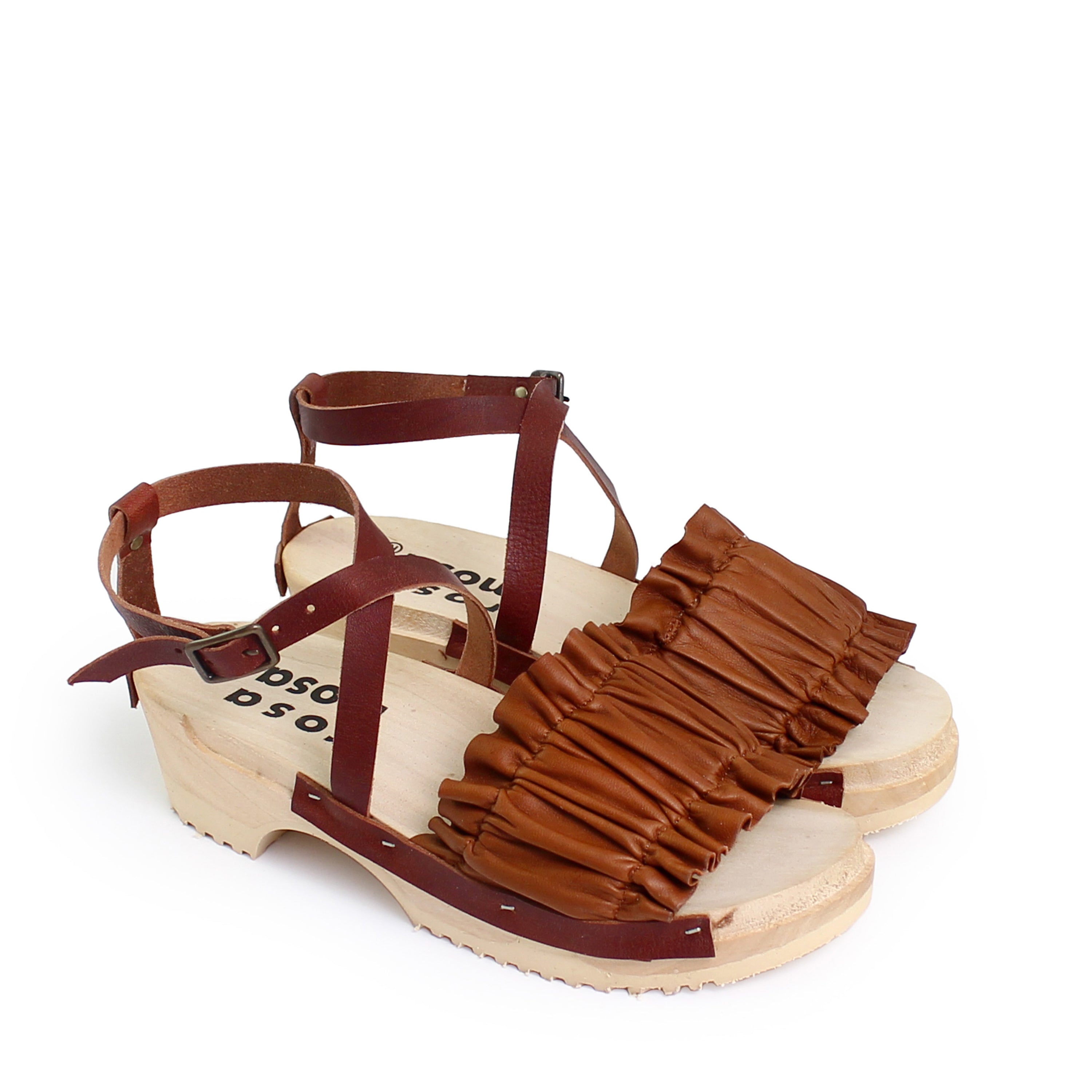 rosamosa chloe strap tabacco leather wooden clog sandal