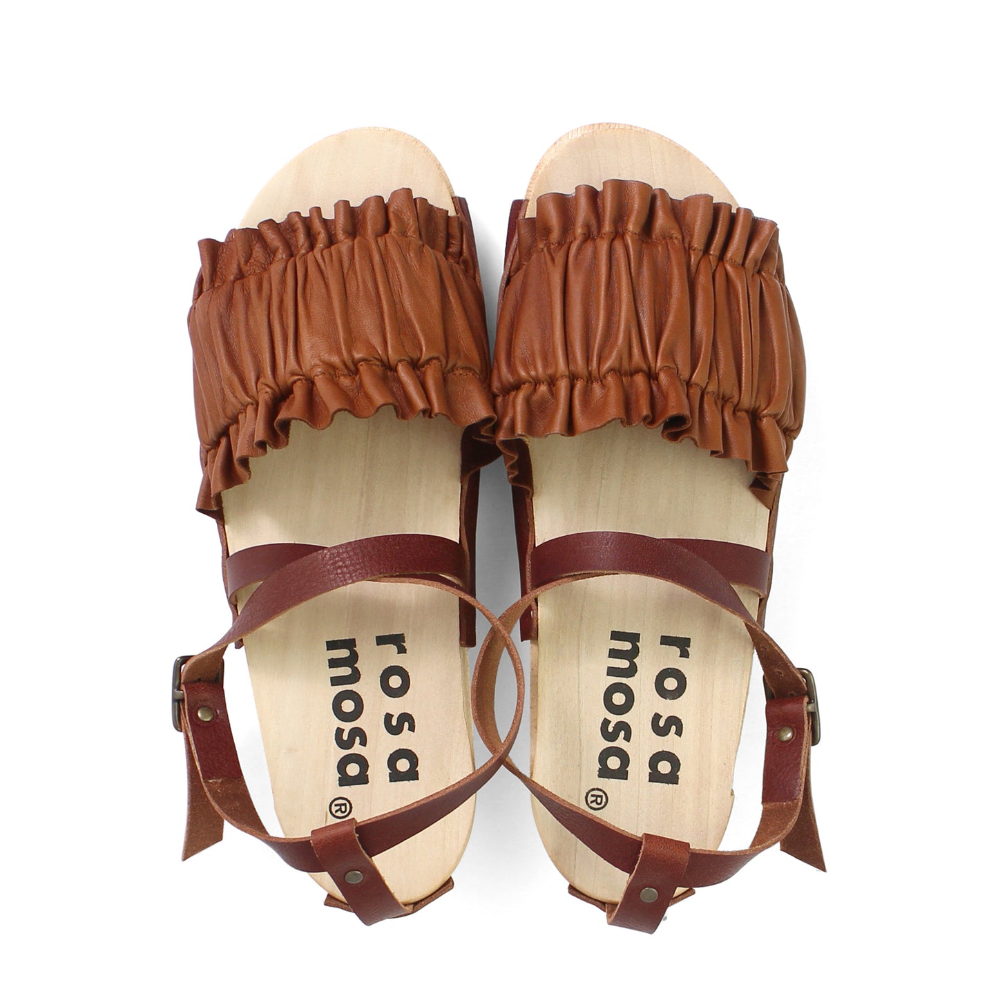 rosamosa chloe strap tabacco leather wooden clog sandal