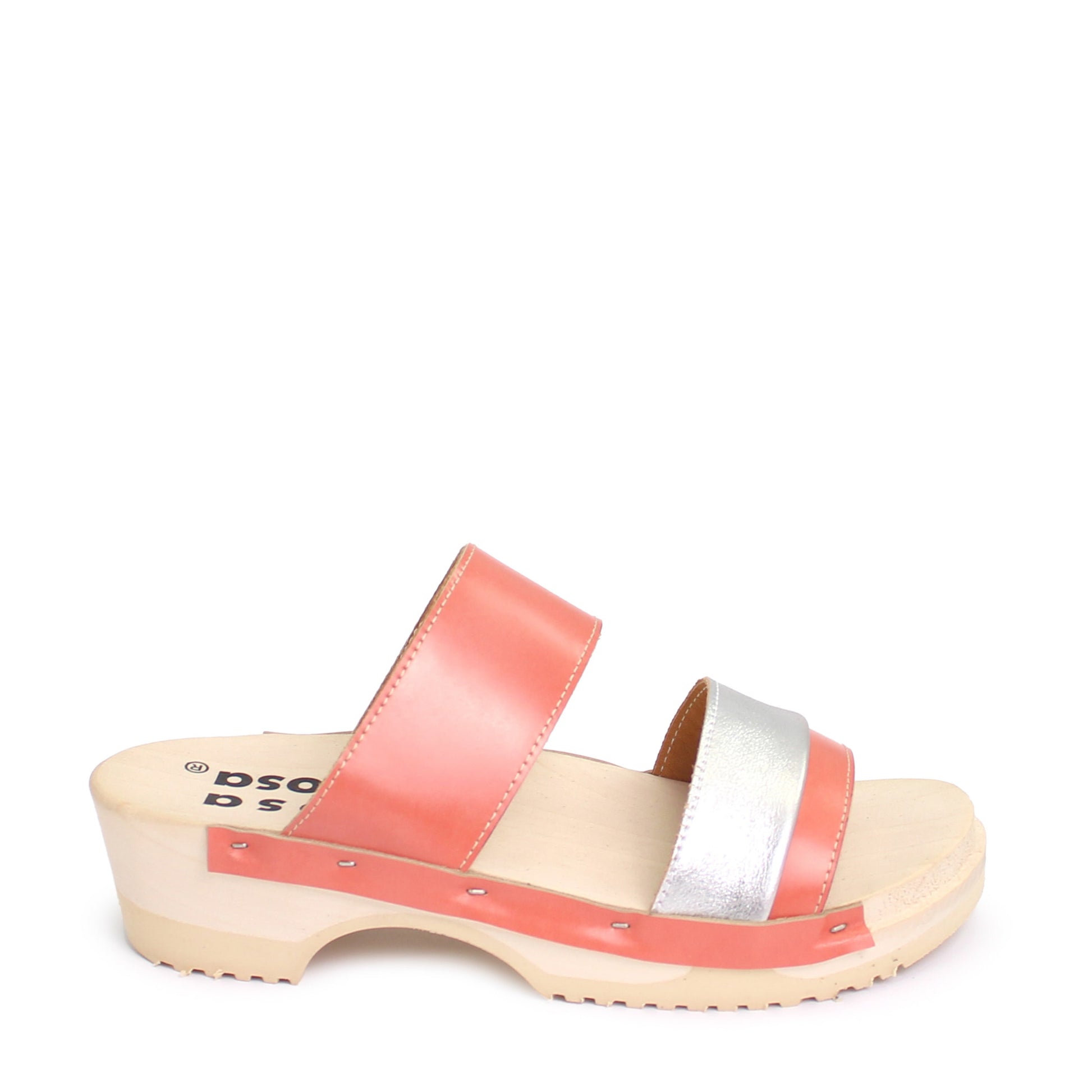 rosamosa donau pink silver leather double dark wooden clog strap slippers