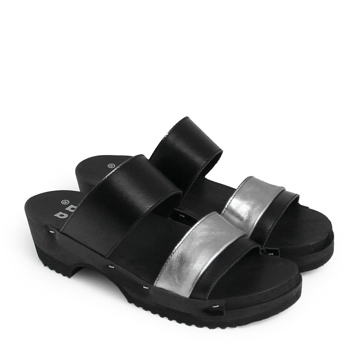 rosamosa donau black silver leather double dark wooden clog strap slippers