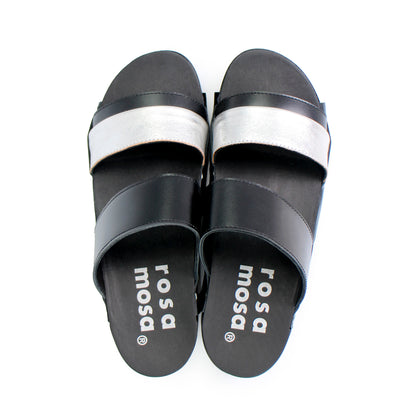 rosamosa donau black silver leather double dark wooden clog strap slippers