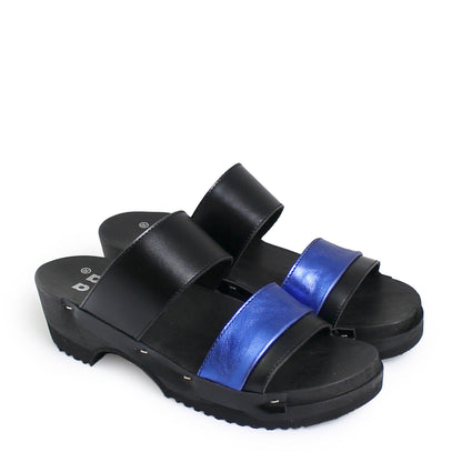 rosamosa donau black cobalt leather strap wooden clog shoe