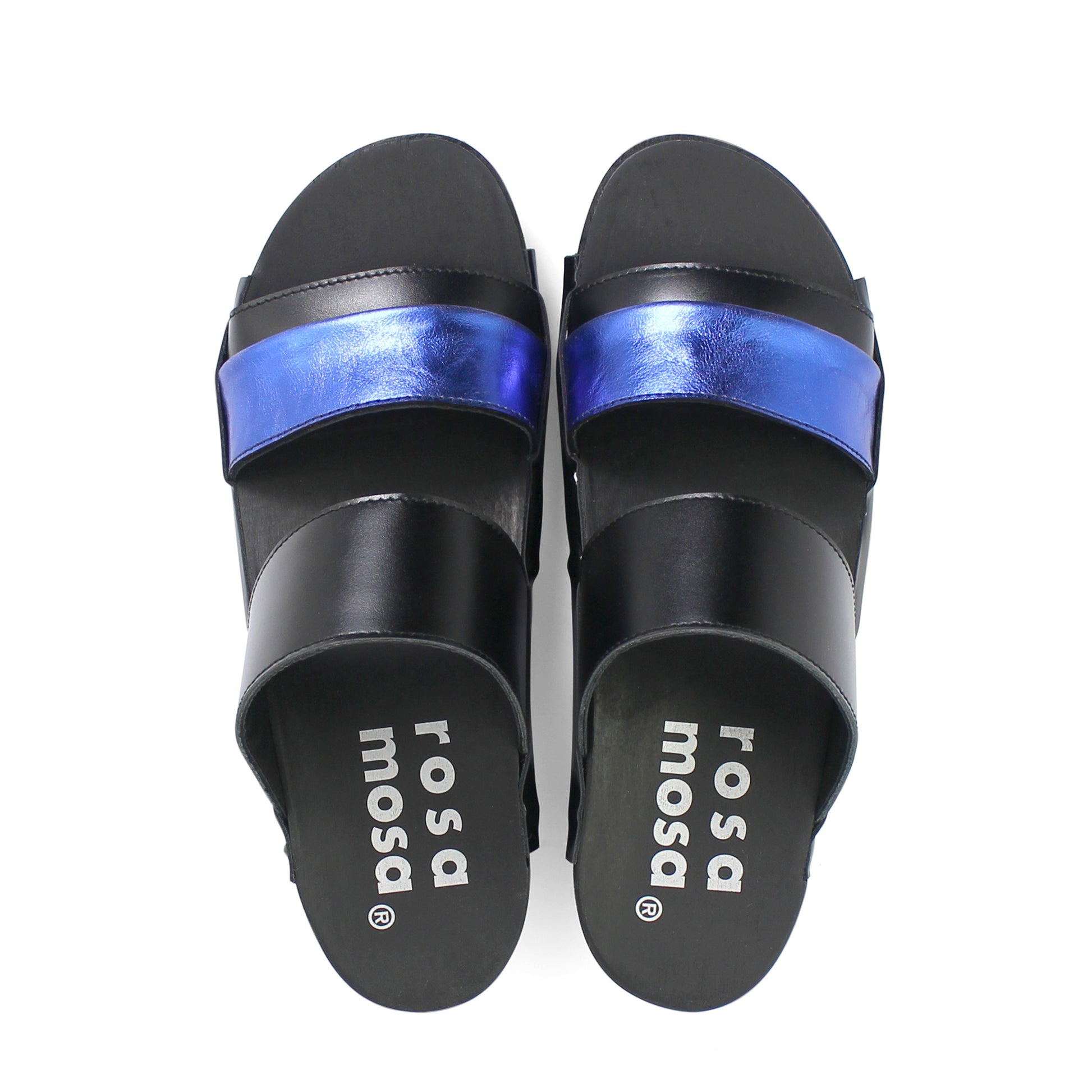 rosamosa donau black cobalt leather strap wooden clog shoe