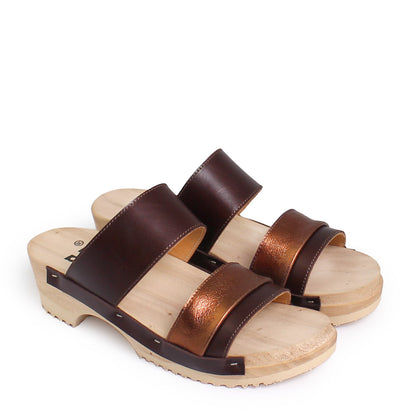 rosamosa donau brown bronze leather strap wooden clog shoe