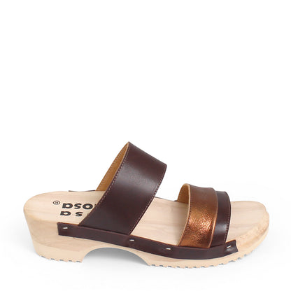 rosamosa donau brown bronze leather strap wooden clog shoe
