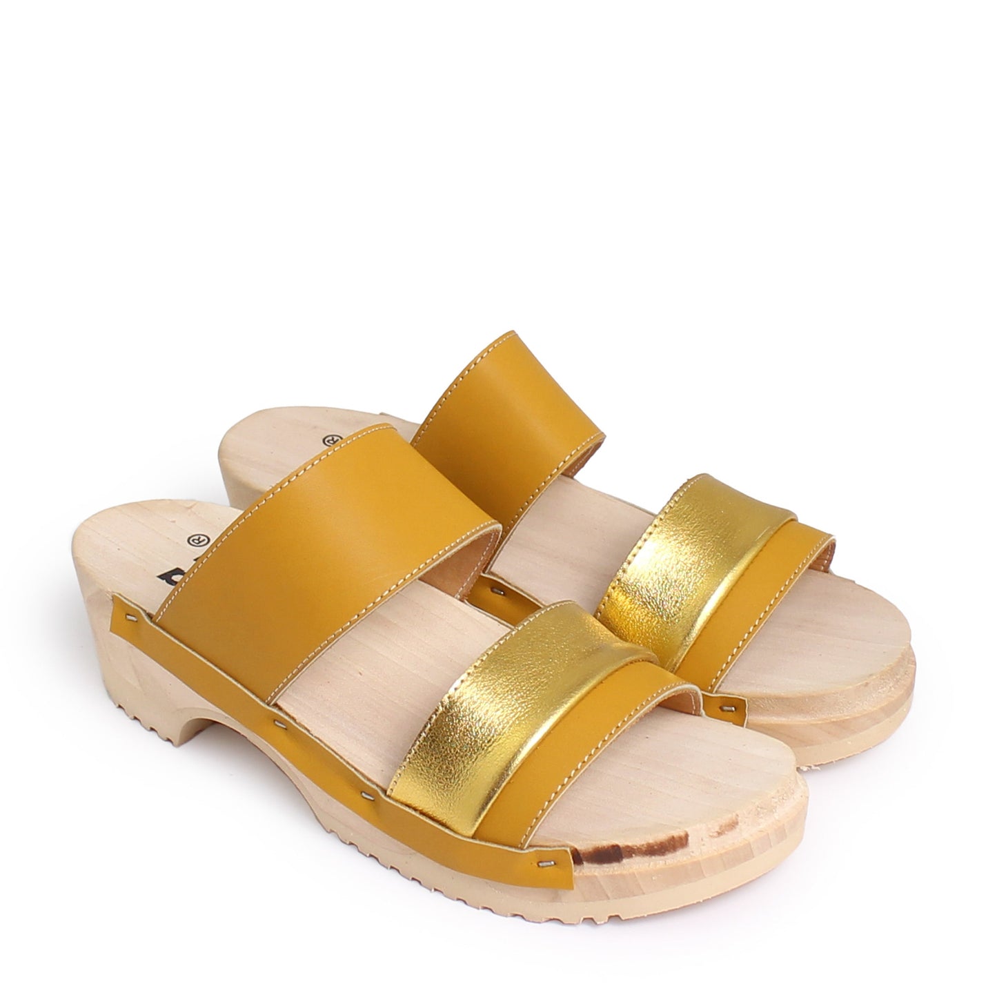 rosamosa donau yellow sun gold leather strap wooden clog shoe