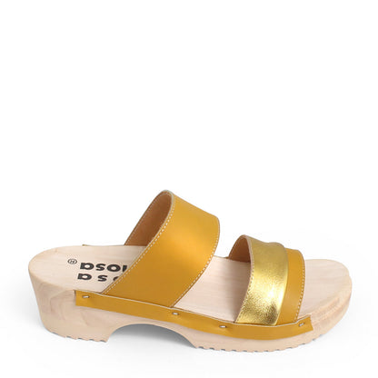 rosamosa donau yellow sun gold leather strap wooden clog shoe