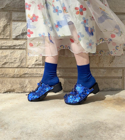 PANTO FIORE METALLIC + Leather Clog Shoes + Cobalt