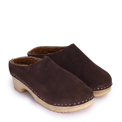 LEO Shearling + Leather Shearling Clogs + Deep Brown / Cuoio