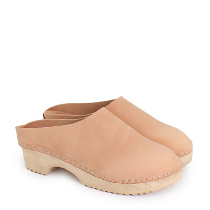 rosamosa round cammello leather natural wooden clog