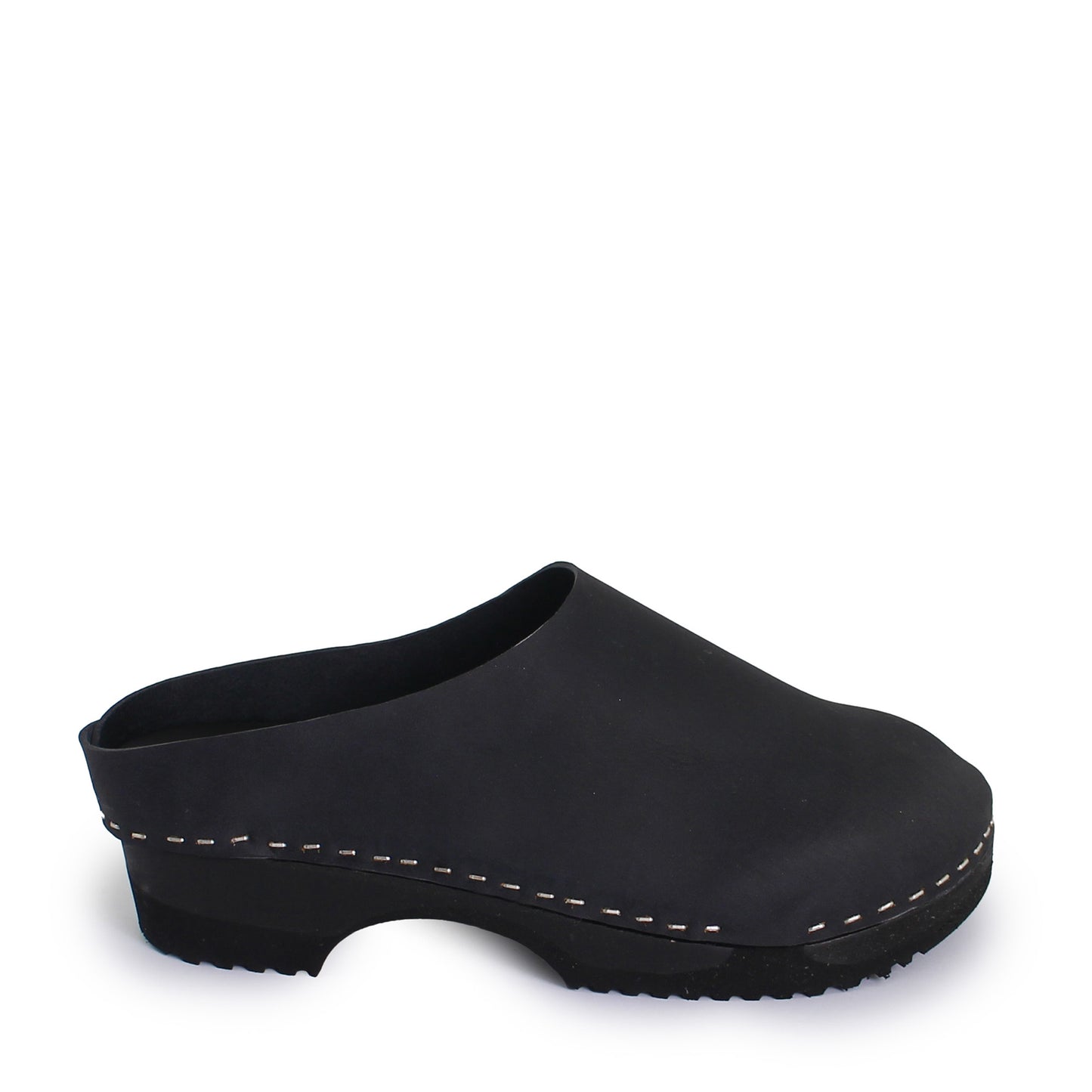 rosamosa round black leather dark wooden clog