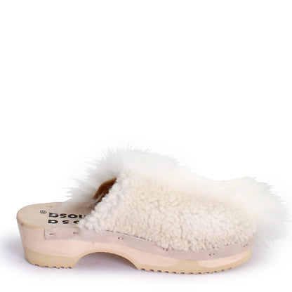 Rosa Mosa pantoffle white shearling fur natural wooden clog adult shoe man woman