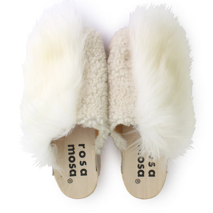 Rosa Mosa pantoffle white shearling fur natural wooden clog adult shoe man woman