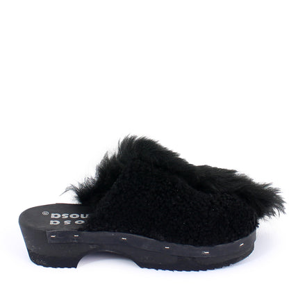 Rosa Mosa pantoffle black shearling fur dark wooden clog adult shoe man woman