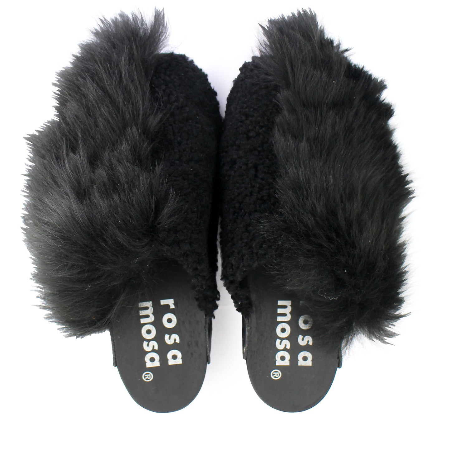 Rosa Mosa pantoffle black shearling fur dark wooden clog adult shoe man woman
