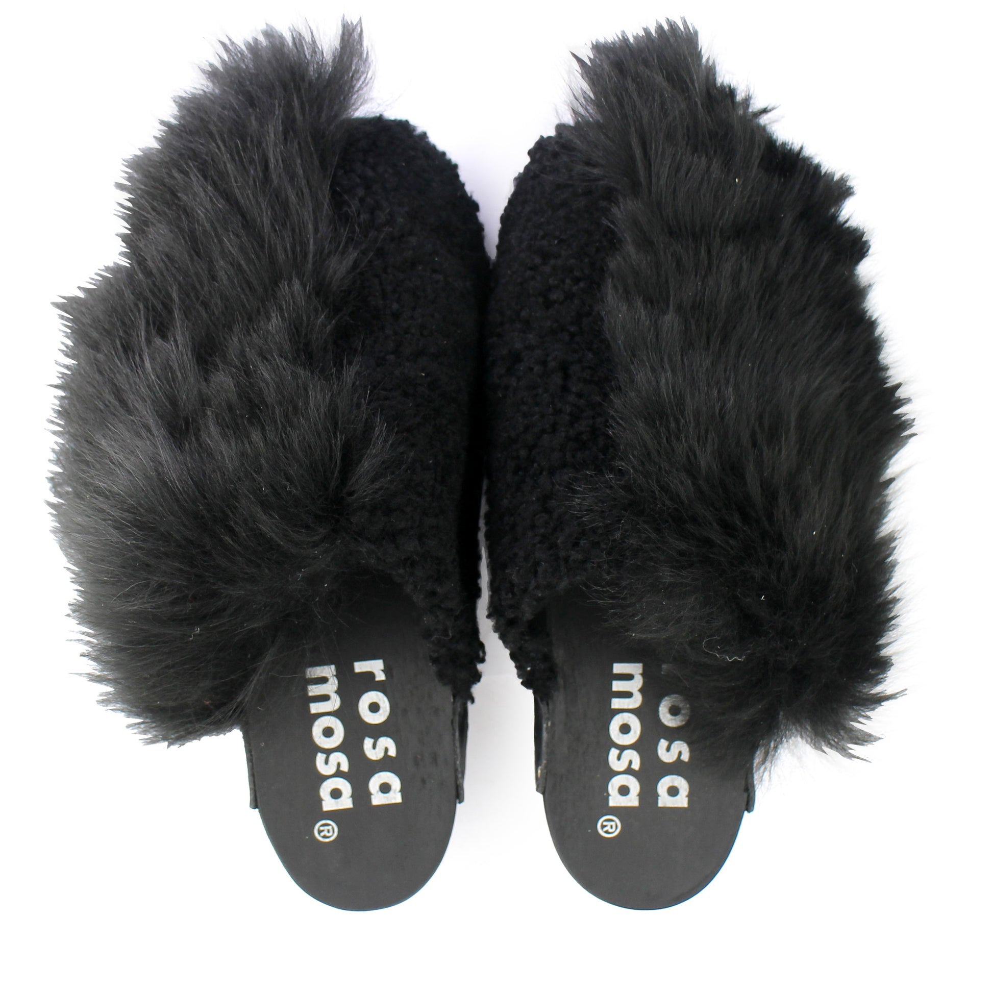 Rosa Mosa pantoffle black shearling fur dark wooden clog adult shoe man woman
