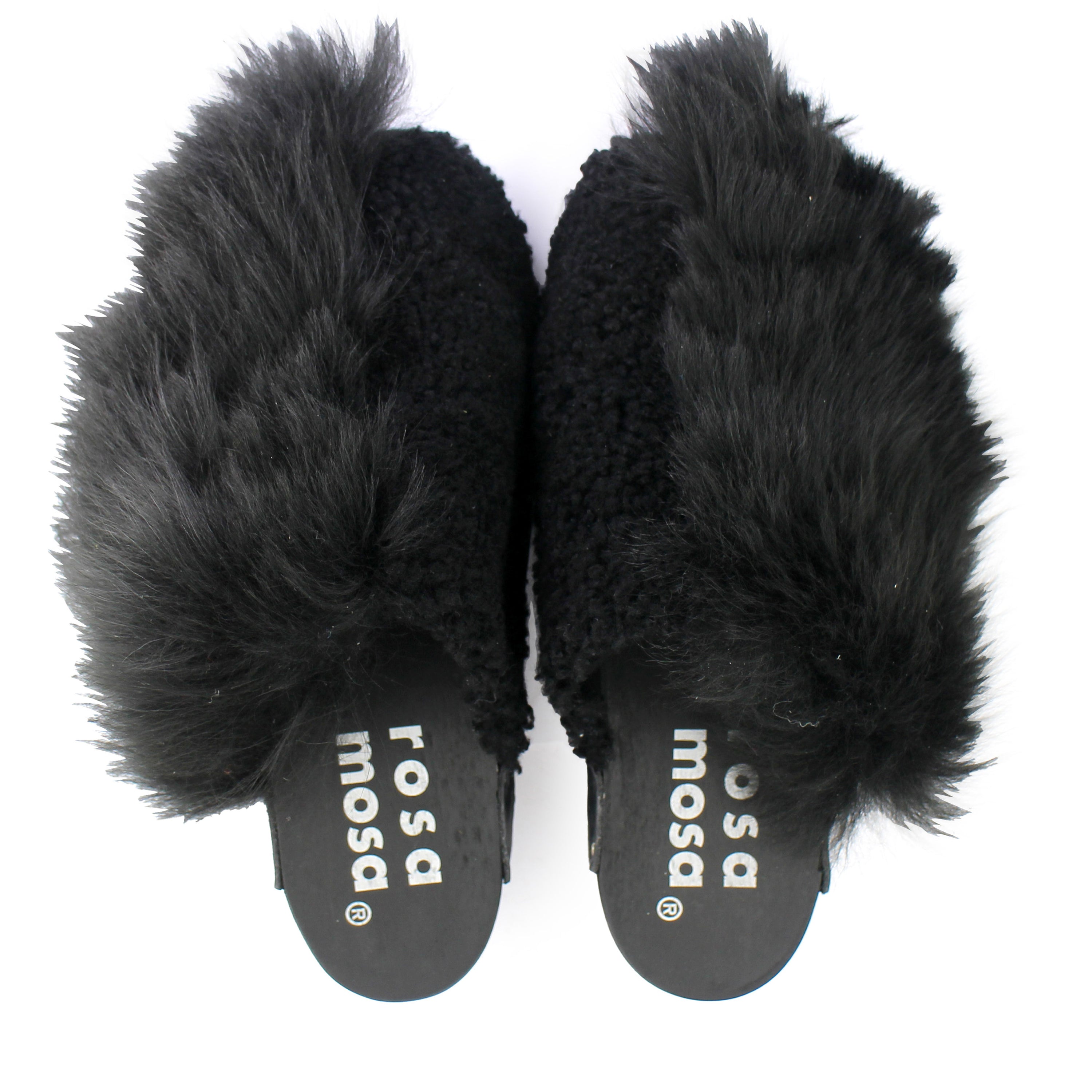 Rosa Mosa pantoffle black shearling fur dark wooden clog adult shoe man woman