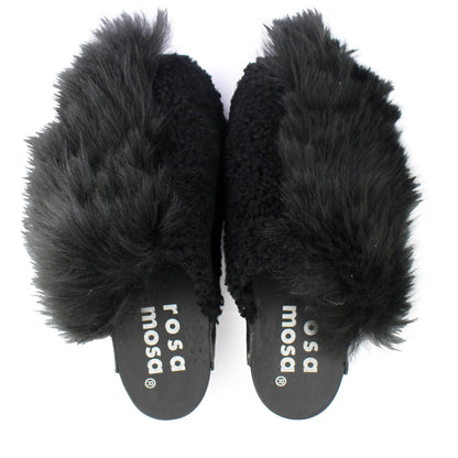 Rosa Mosa pantoffle black shearling fur dark wooden clog adult shoe man woman
