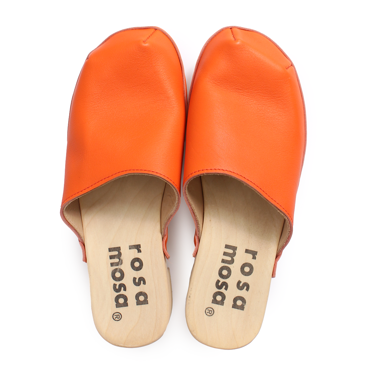 Pair of orange sandals with 'Rosa Mosa' branding on a white background