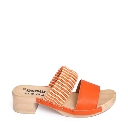 ROCCO KNOT + Cotton Leather Clog Sandals + Orange Natural