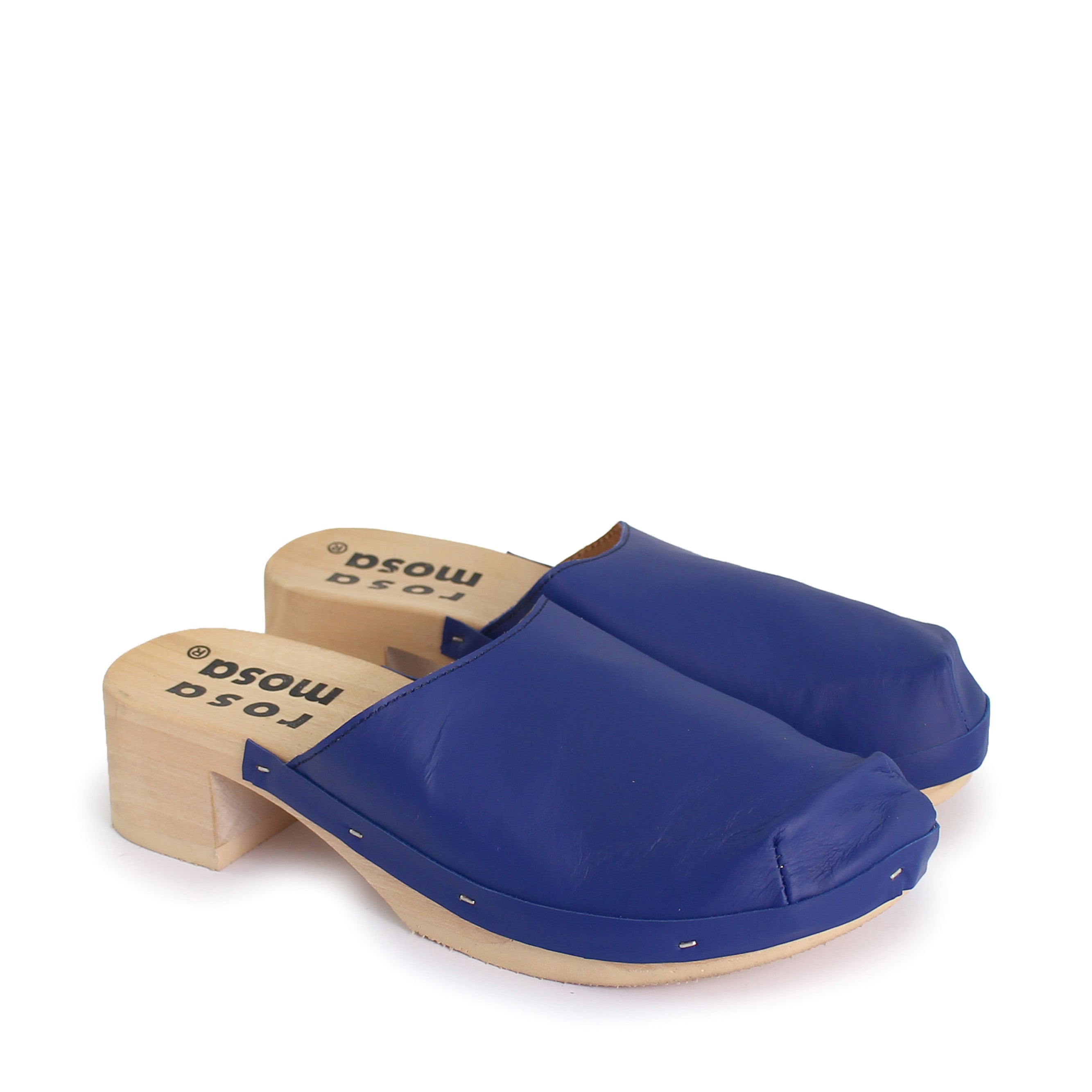 rosamosa rocco blue leather natural wooden clog
