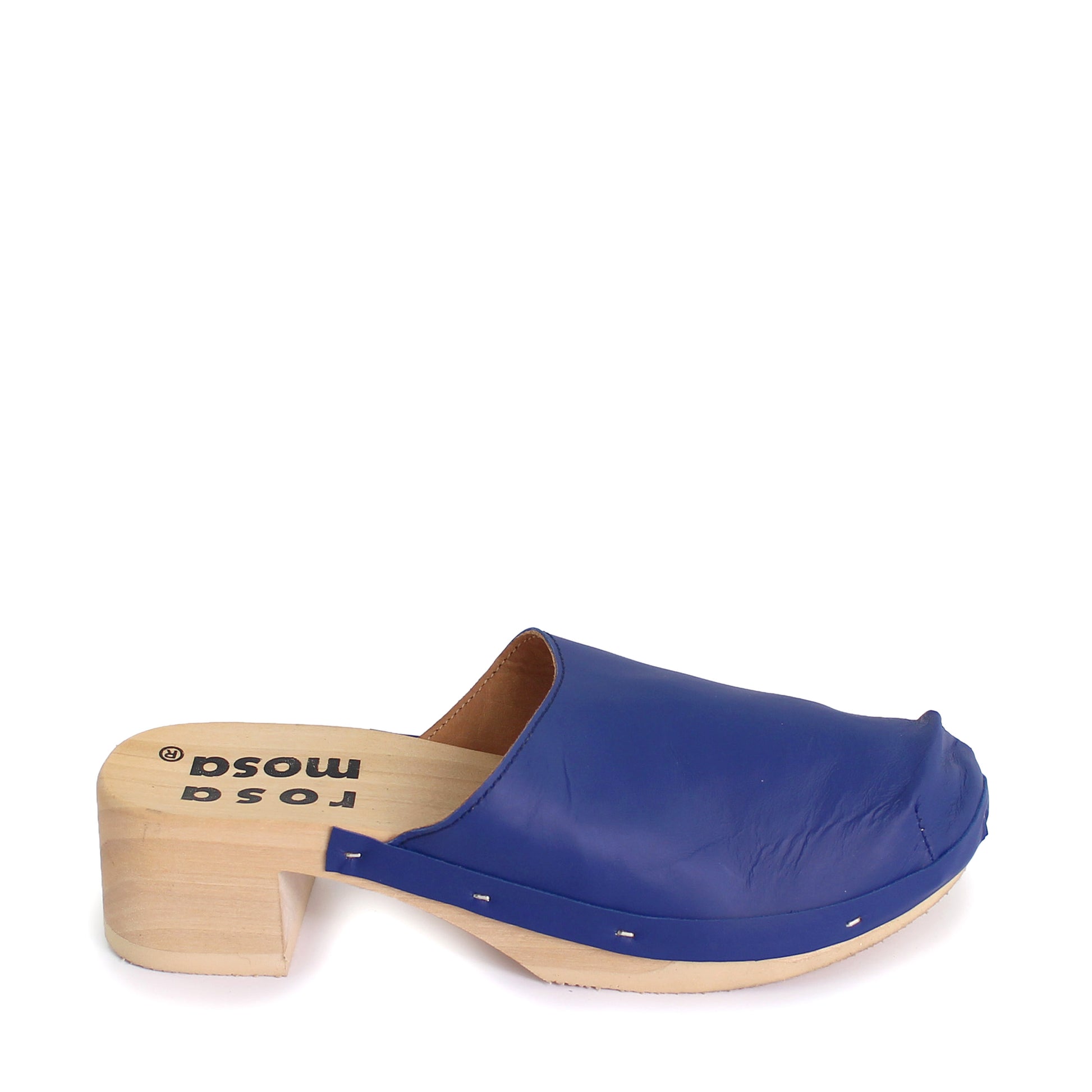 rosamosa rocco blue leather natural wooden clog