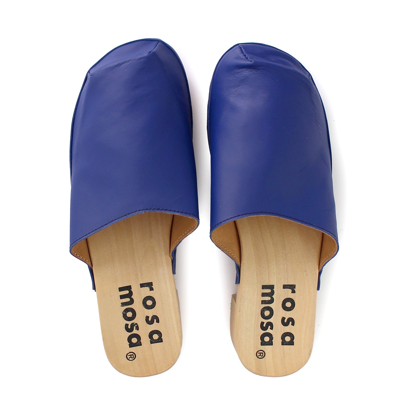 rosamosa rocco blue leather natural wooden clog
