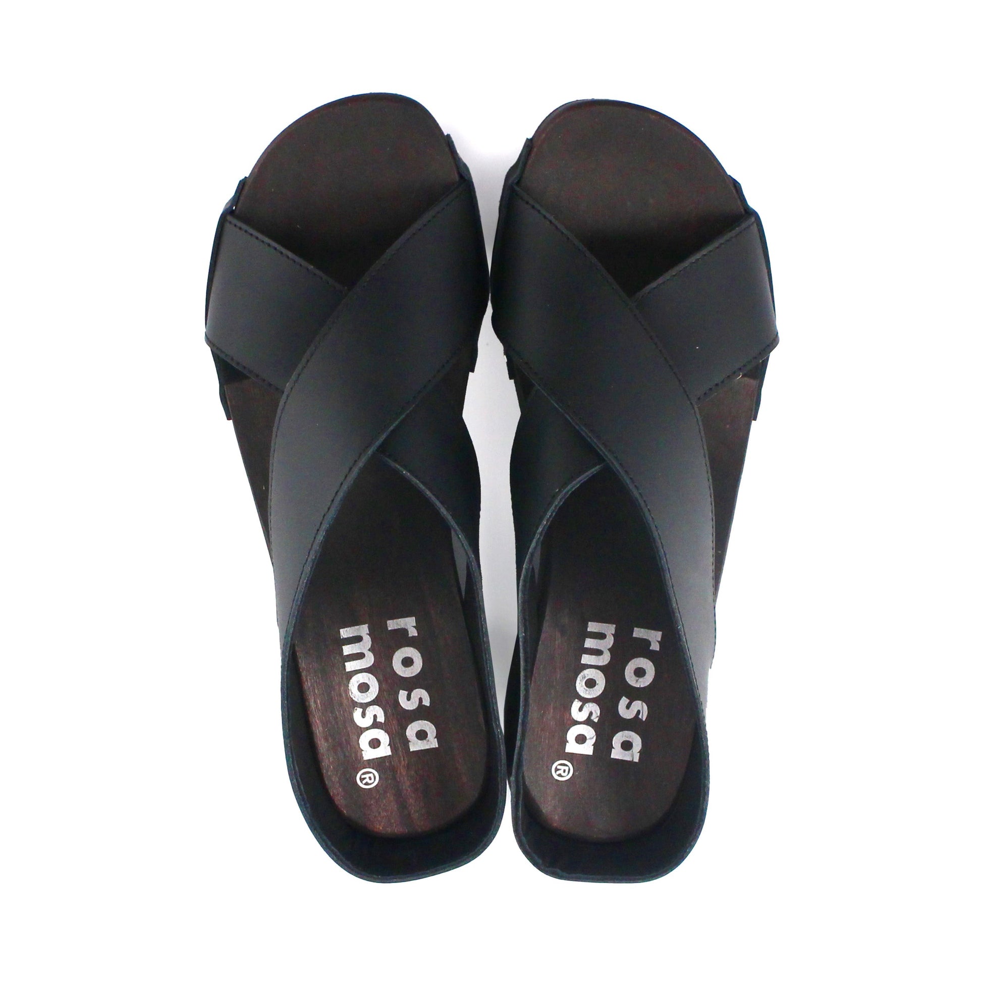 rosamosa rocco japanese x-form black leather dark wooden clog