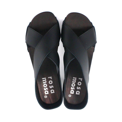 rosamosa rocco japanese x-form black leather dark wooden clog