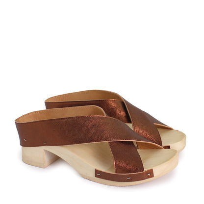 rosamosa rocco japanese x-form bronze leather wooden clog