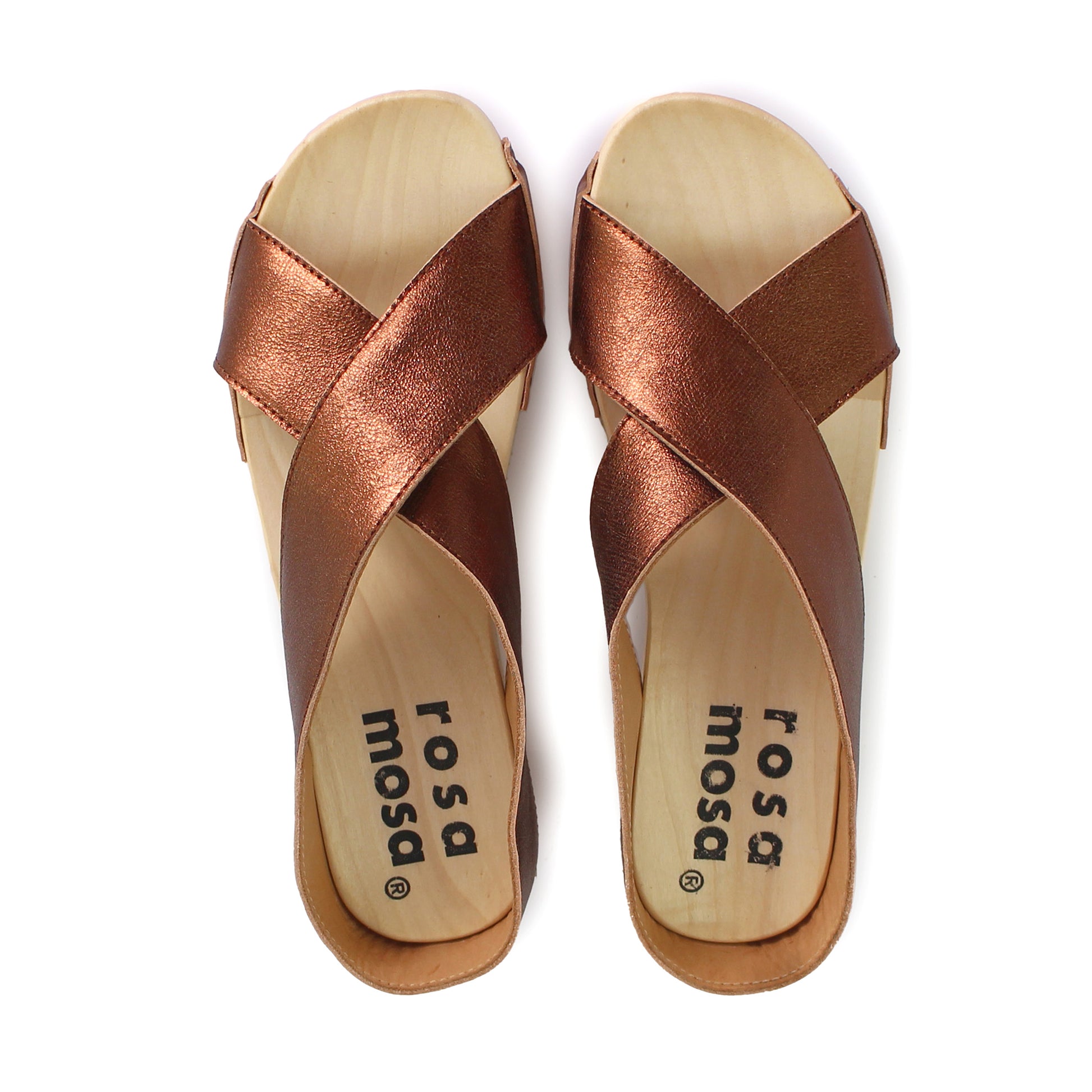 rosamosa rocco japanese x-form bronze leather wooden clog