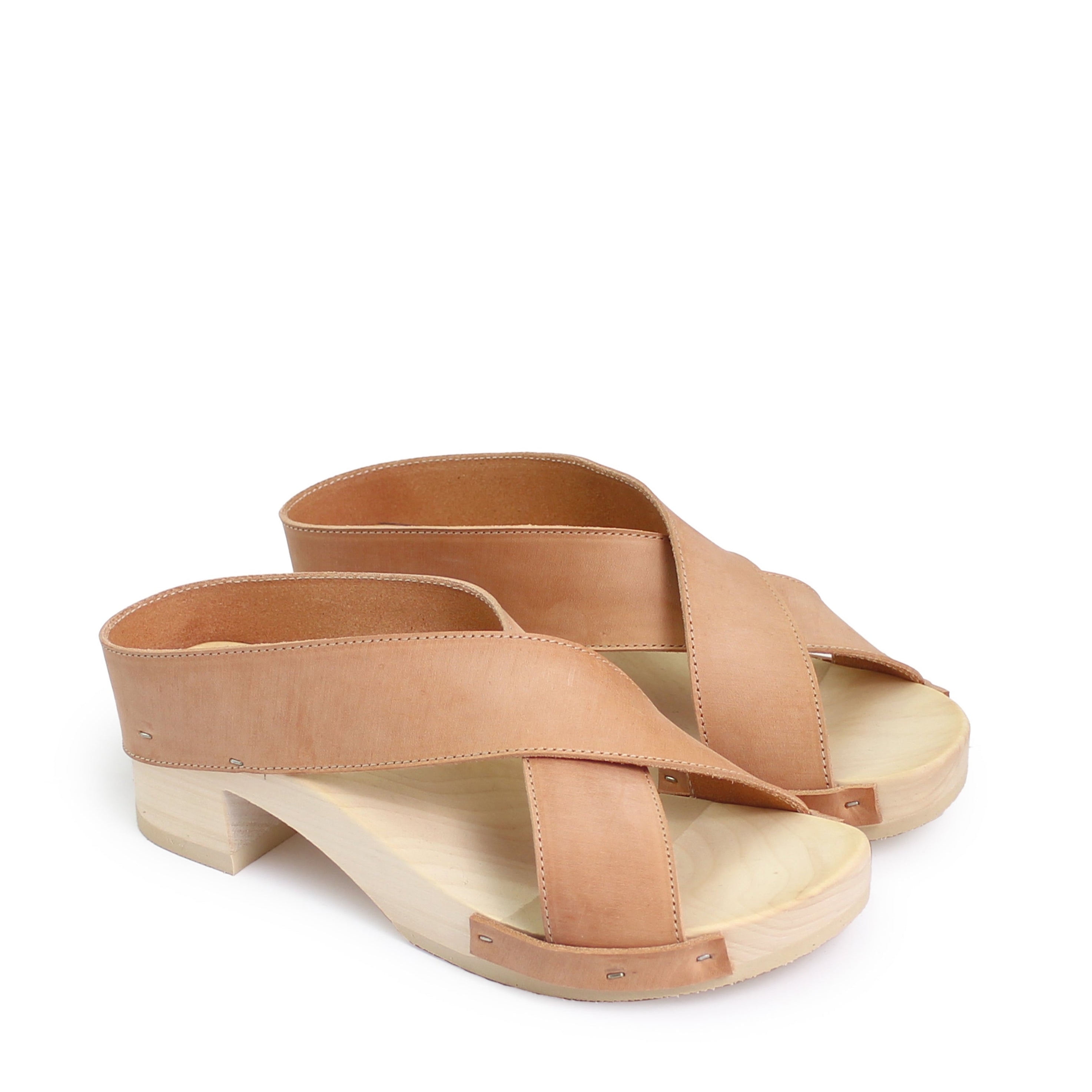 rosamosa rocco cammello basic x form leather wooden clog shoe