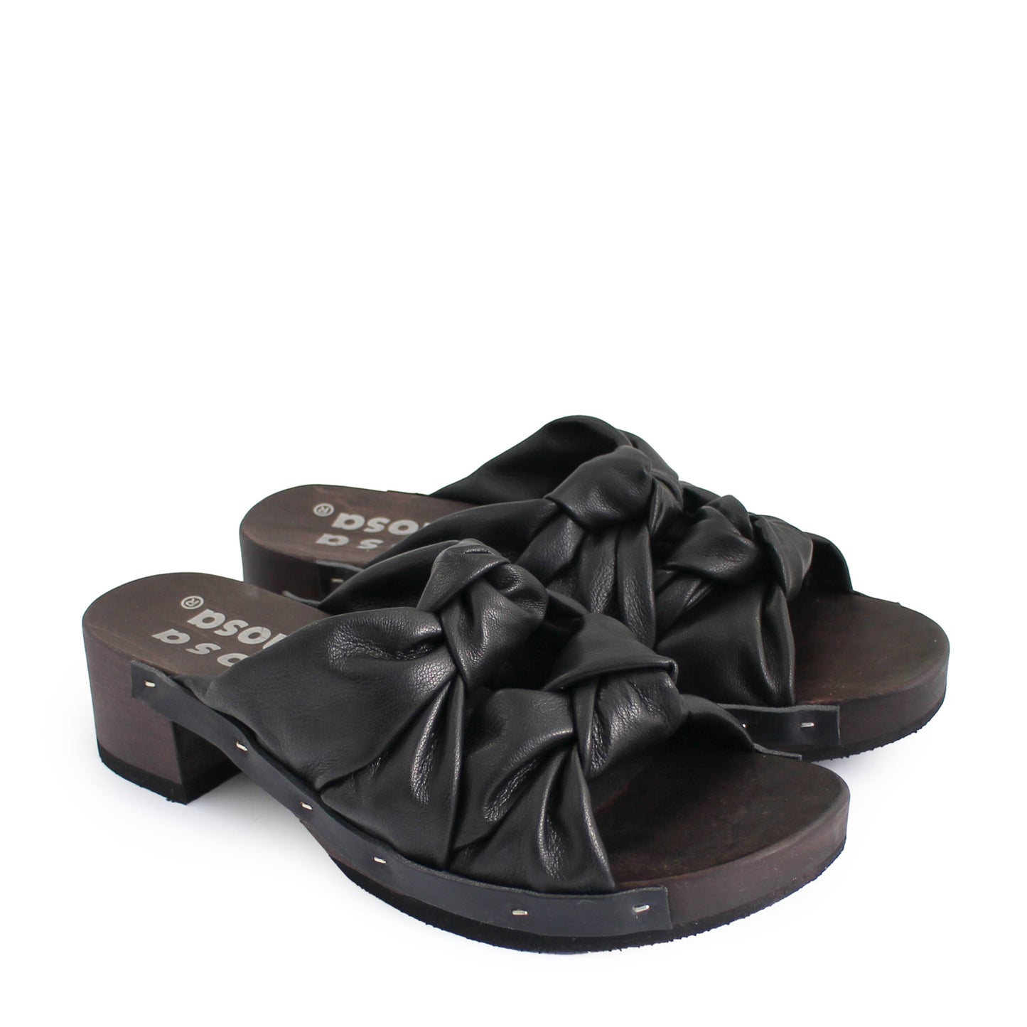 rosa mosa rocco black leather knot wooden clog shoe 
