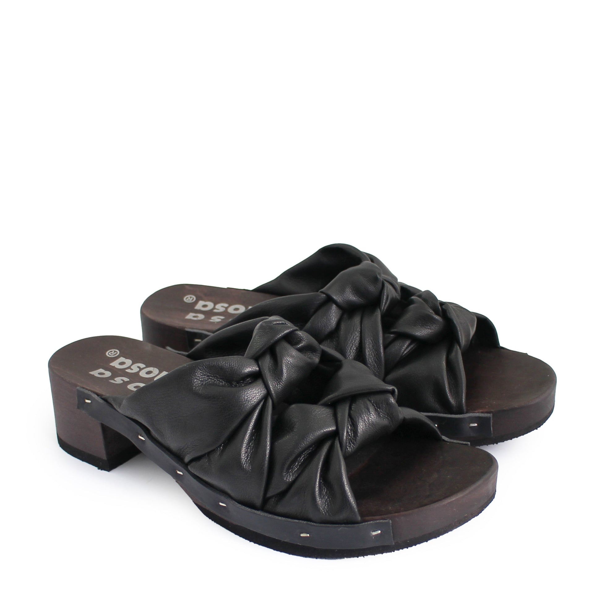 rosa mosa rocco black leather knot wooden clog shoe 