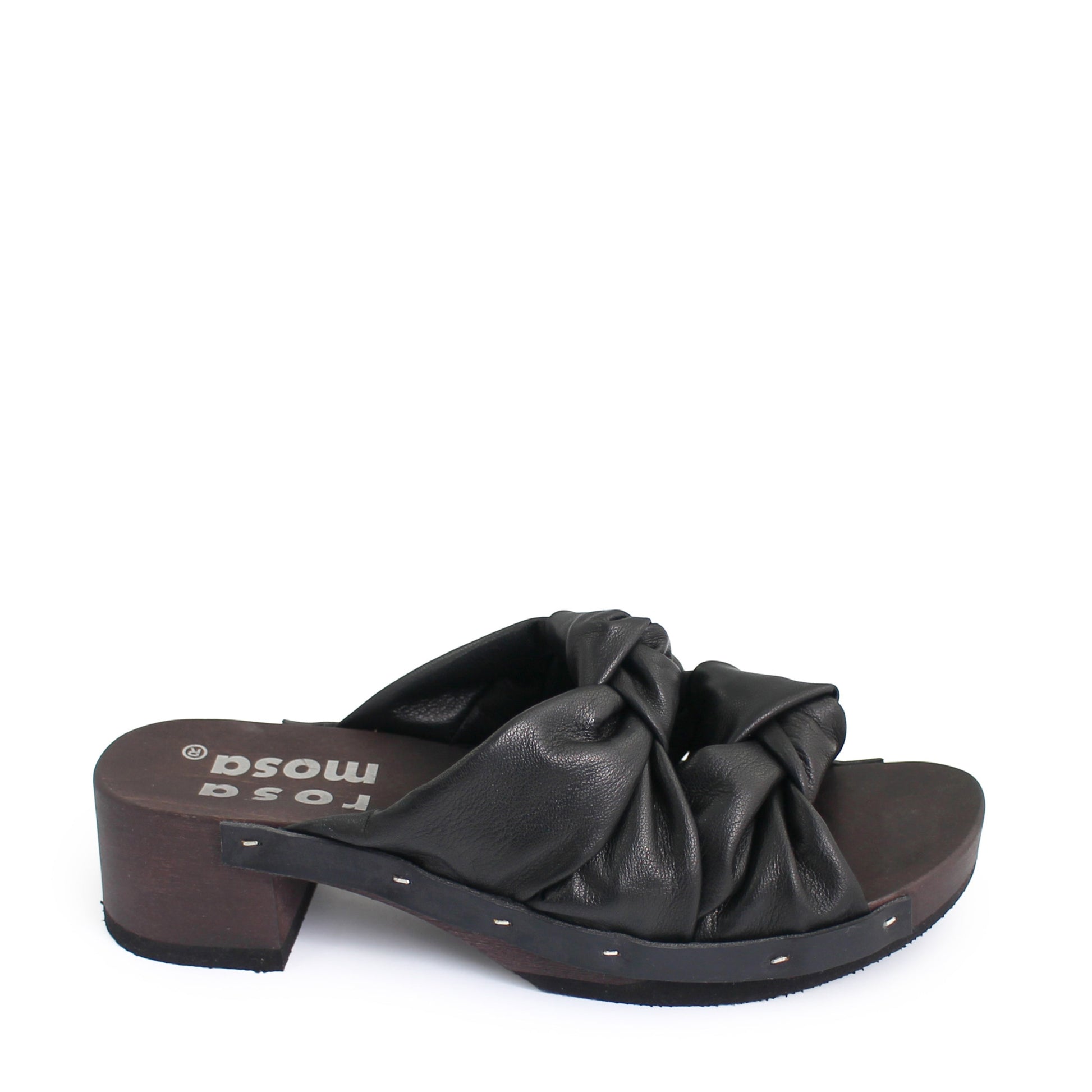 rosa mosa rocco black leather knot wooden clog shoe 