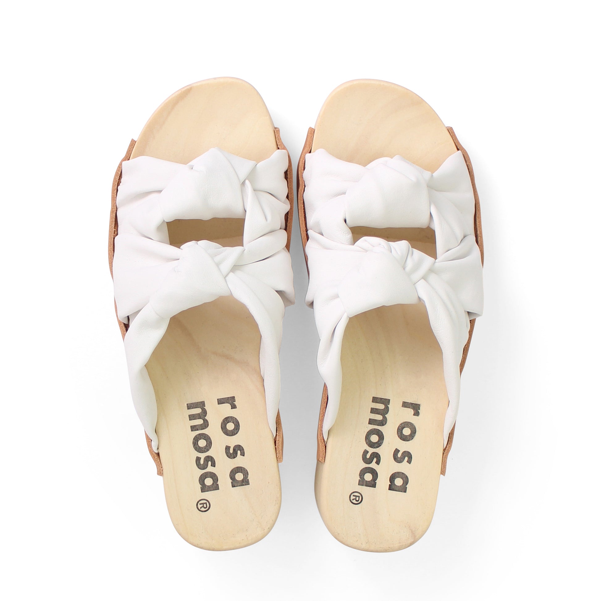 rosamosa rocco white leather knot wooden clog shoe 