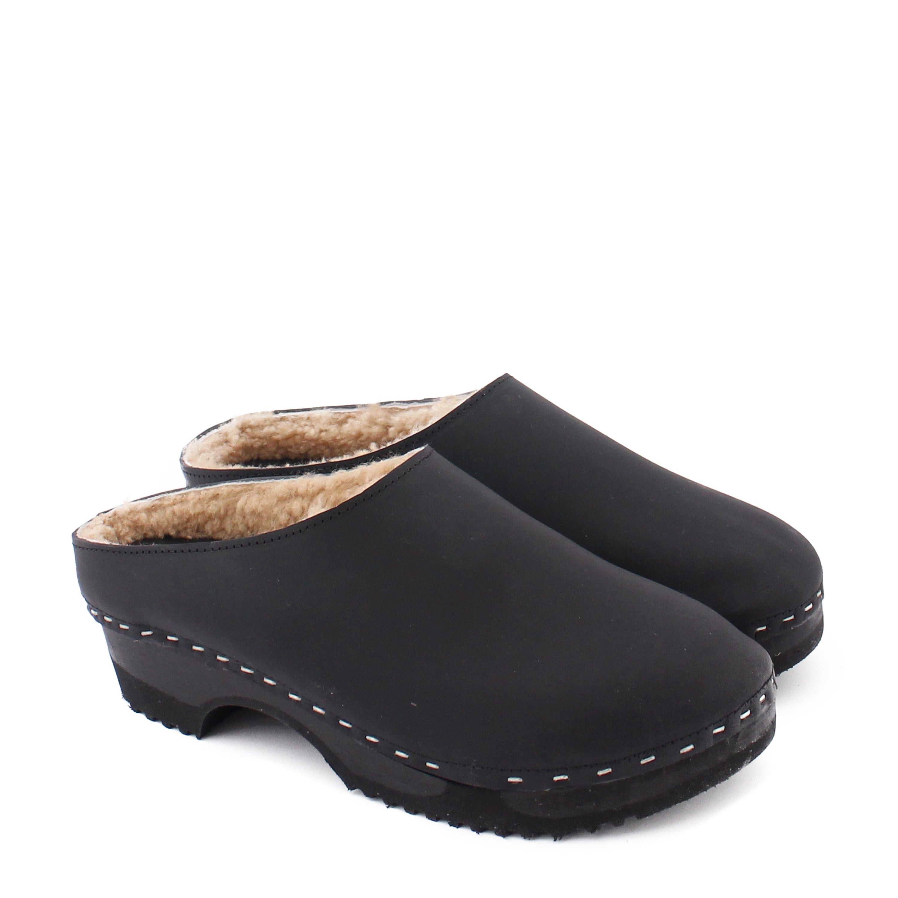 LEO Shearling + Leather Shearling Dark Clogs + Black Camel