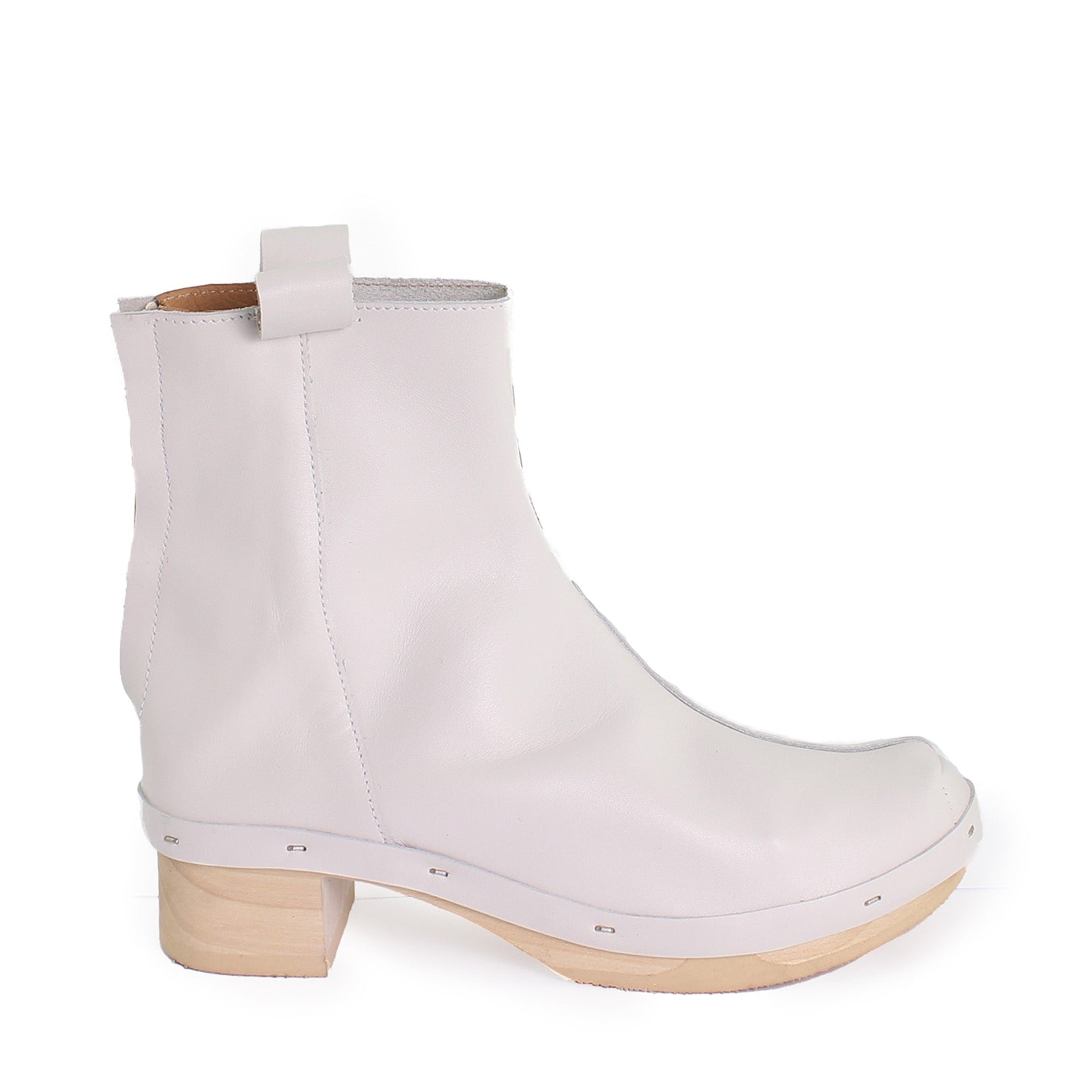 rosa mosa white leather ankle boot light wooden clog