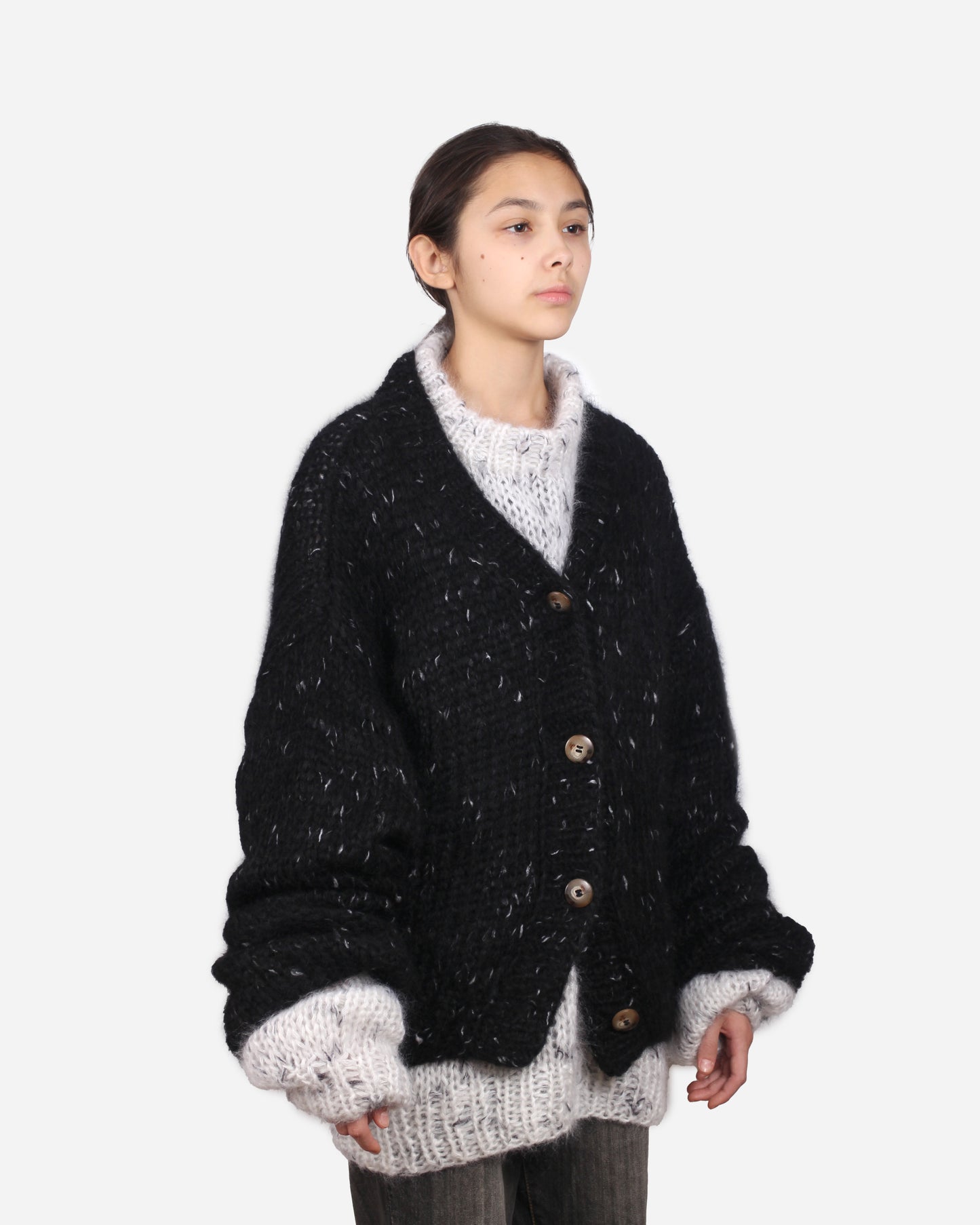 Unisex Hand Knit Mohair Pullover + White Black Dot