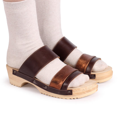 DONAU JUDO PELLE + Leather Clog Sandals + Brown Bronze