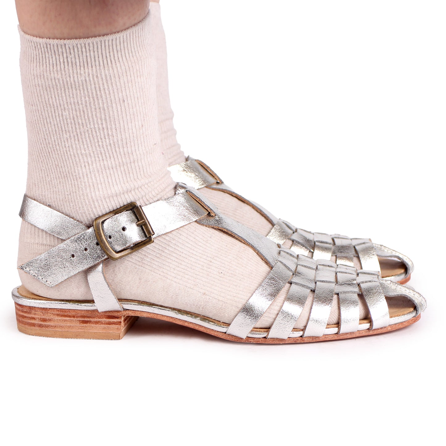 KAREN + Leather Strap Sandals + Silver