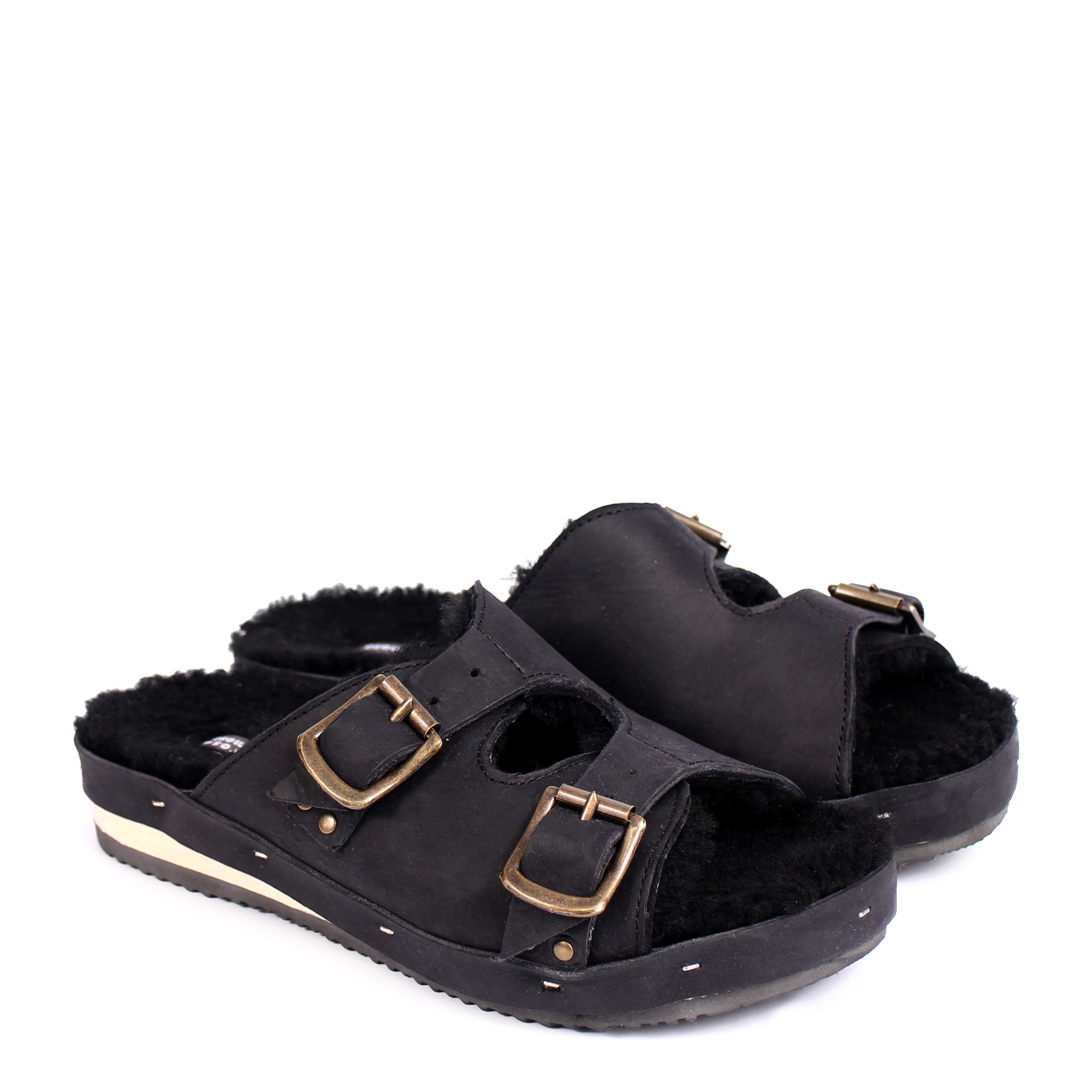 LANG FIBA CURLY + Shearling Leather Flat Clogs + Black